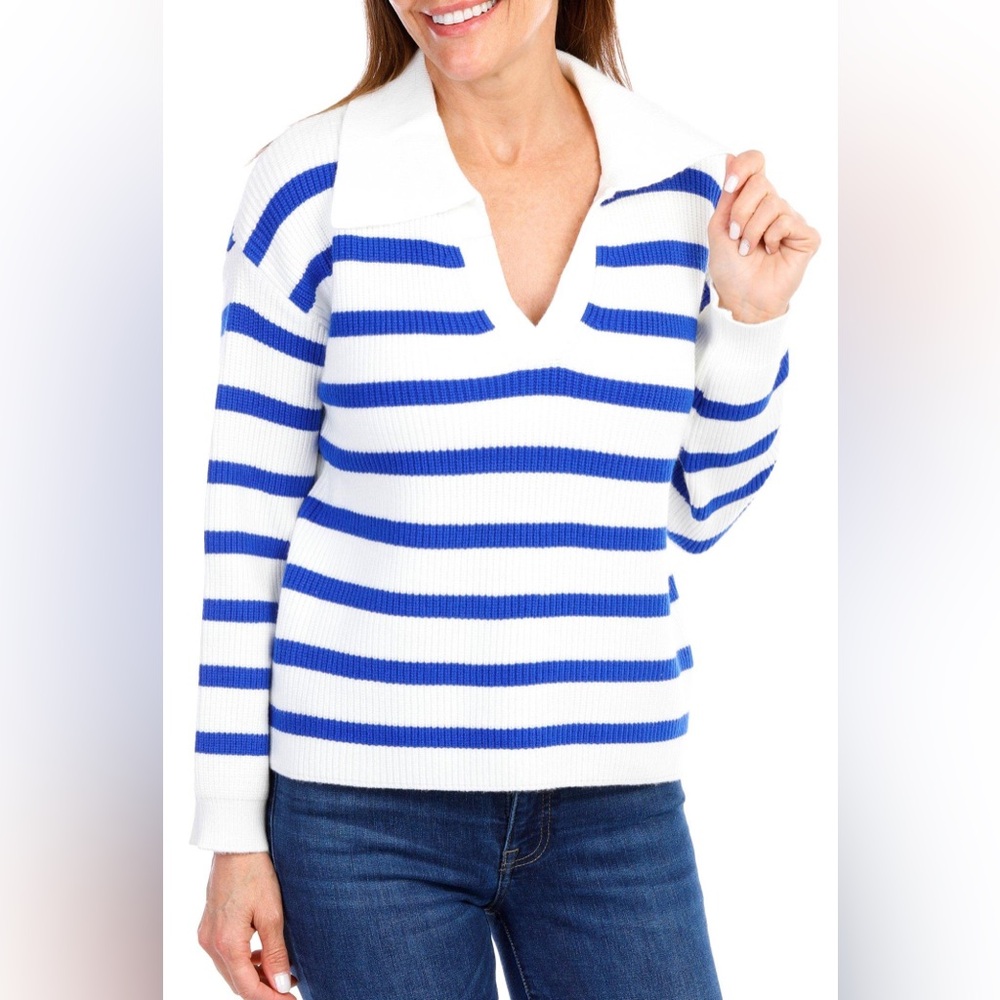 NWOT For The Republic Striped Collared Sweater Blue/White Size Small